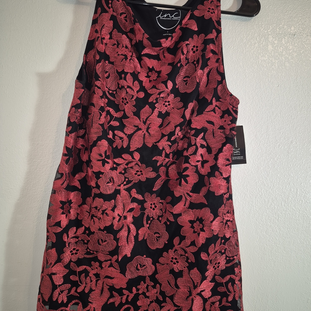 INC International Concepts Red Floral Black Top